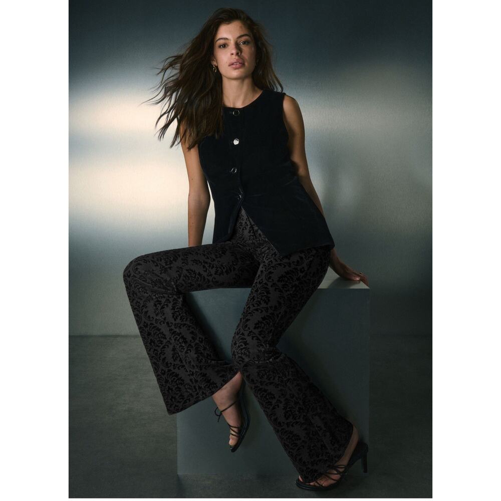New York Whimsigoth Black Damask Jacquard Pants Flare Leg Gothic Floral Dark